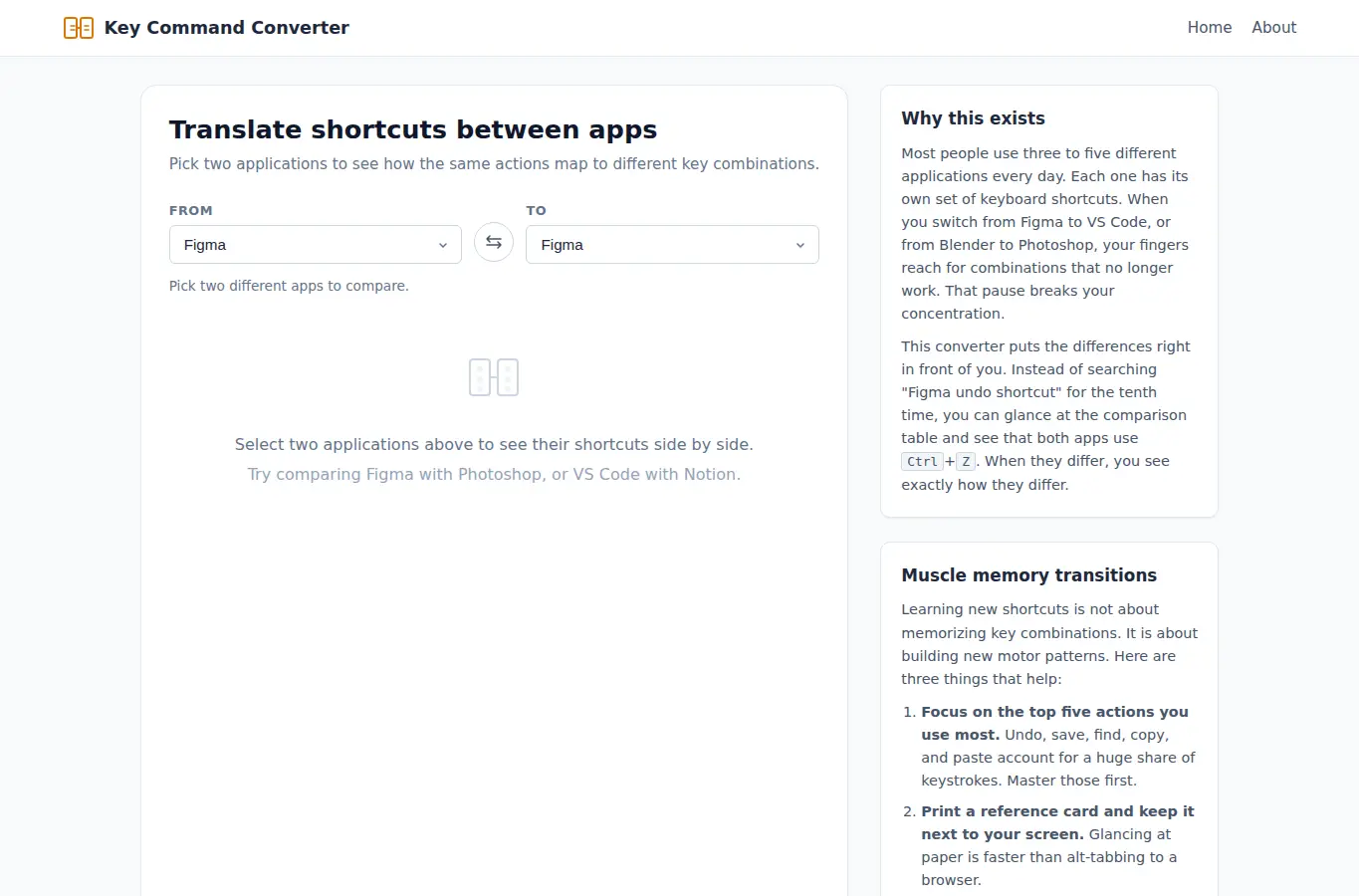 Screenshot of Key Command Converter — Translate Shortcuts Between Apps Instantly interface showing the project page in use